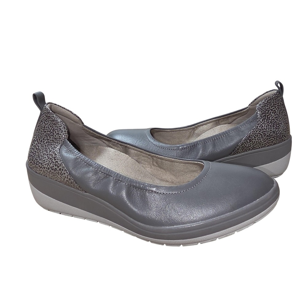 Vionic Jacey Ballet Shoes Women 7.5 Gray‎ Leather Slip On Comfort Wedge Casual